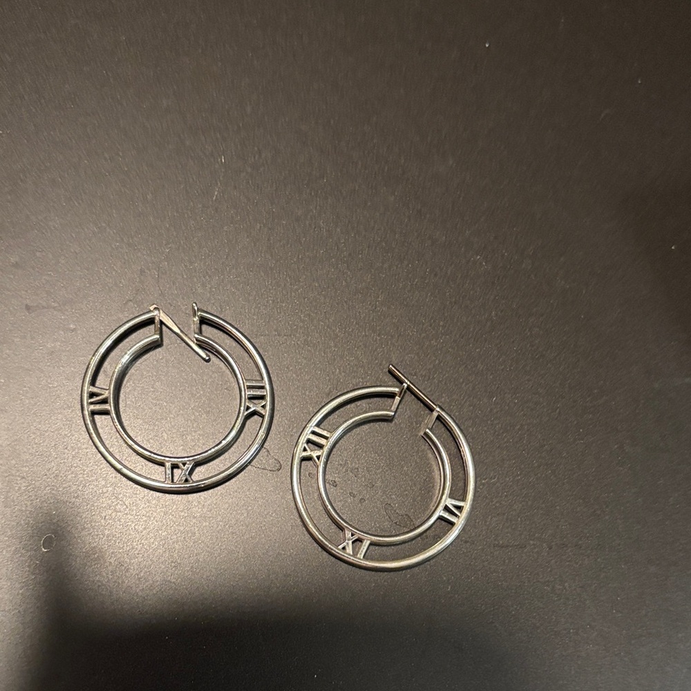 J56 TIFFANY AND CO Silver Roman Numeral Hoop Earrings